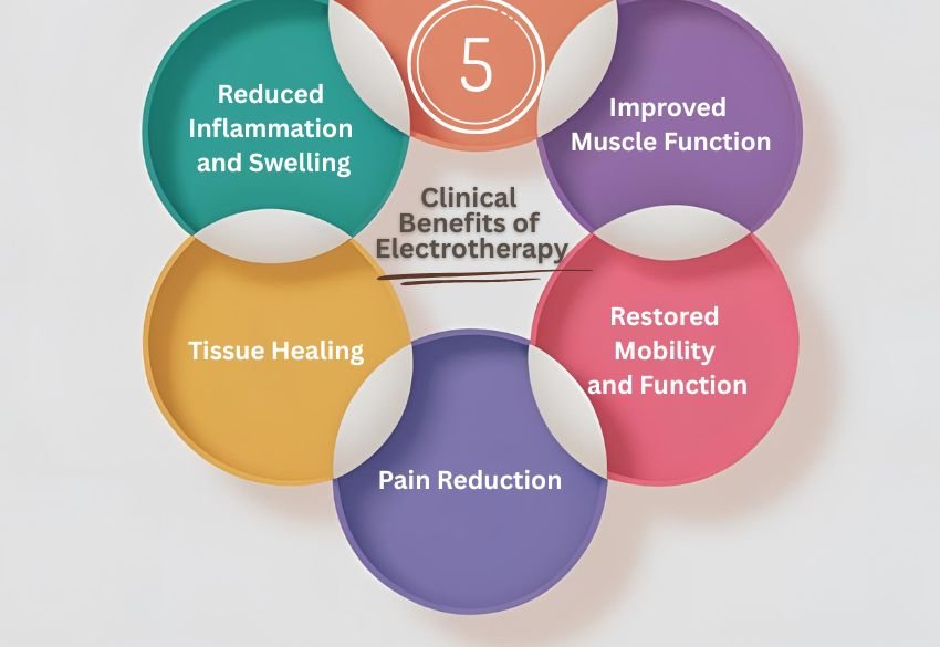 Clinical benefits of electrotherapy infographic at Mickleham Physio and Electrotherapy, highlighting pain reduction, tissue healing, and improved mobility