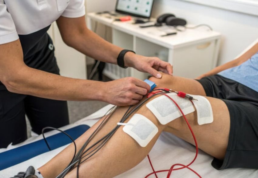 Electrotherapy treatment applied to knee and thigh muscles, promoting pain relief and muscle recovery