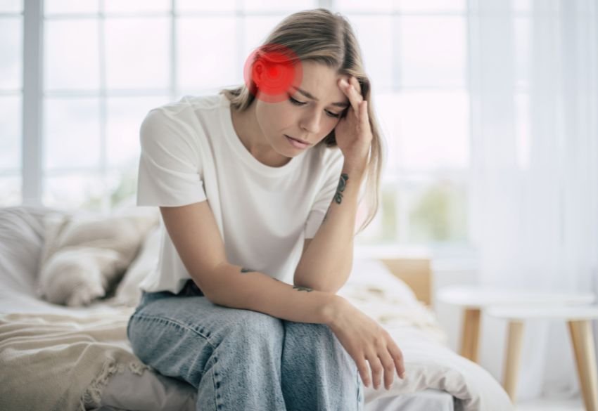 Woman experiencing one-sided headache pain, a common symptom of cervicogenic headache originating from the neck.