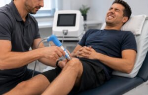 Physiotherapist administering shockwave therapy to a patient's leg during a treatment session