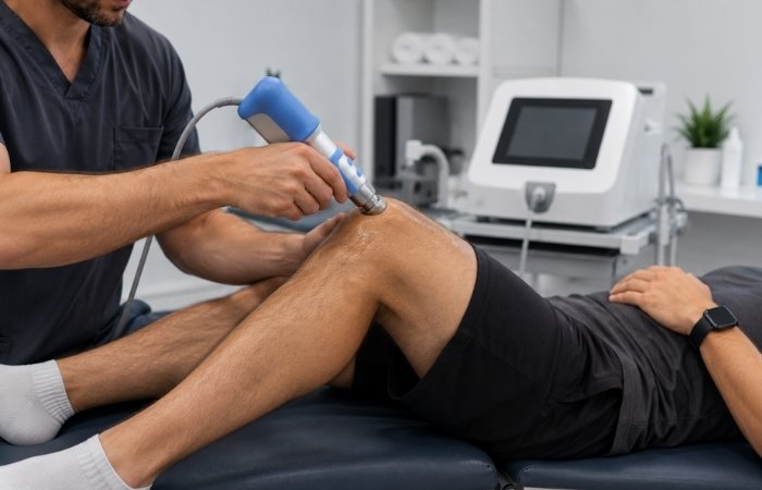 Physiotherapist applying shockwave therapy to a patient's knee for patellar tendinopathy