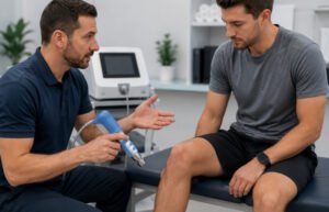 Physiotherapist consulting with a patient about their shockwave therapy treatment plan