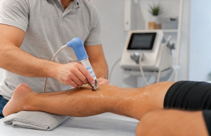 Close-up of shockwave therapy device being used on a patient's leg to treat an injury
