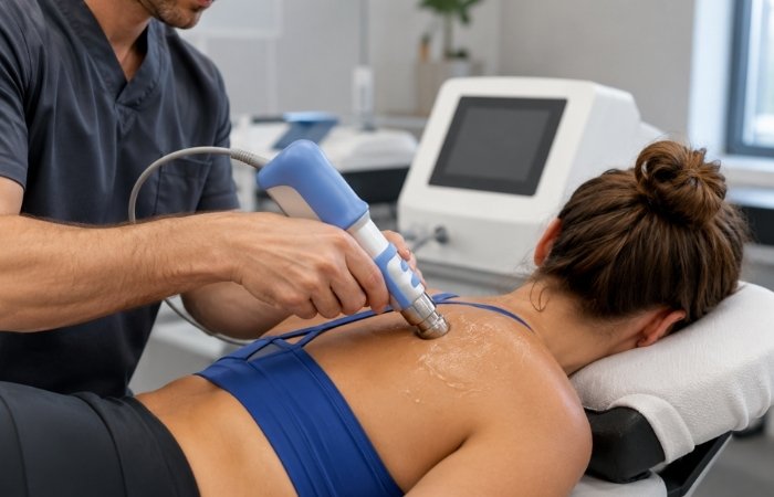 Physiotherapist using shockwave therapy on a patient's shoulder to treat a soft tissue injury